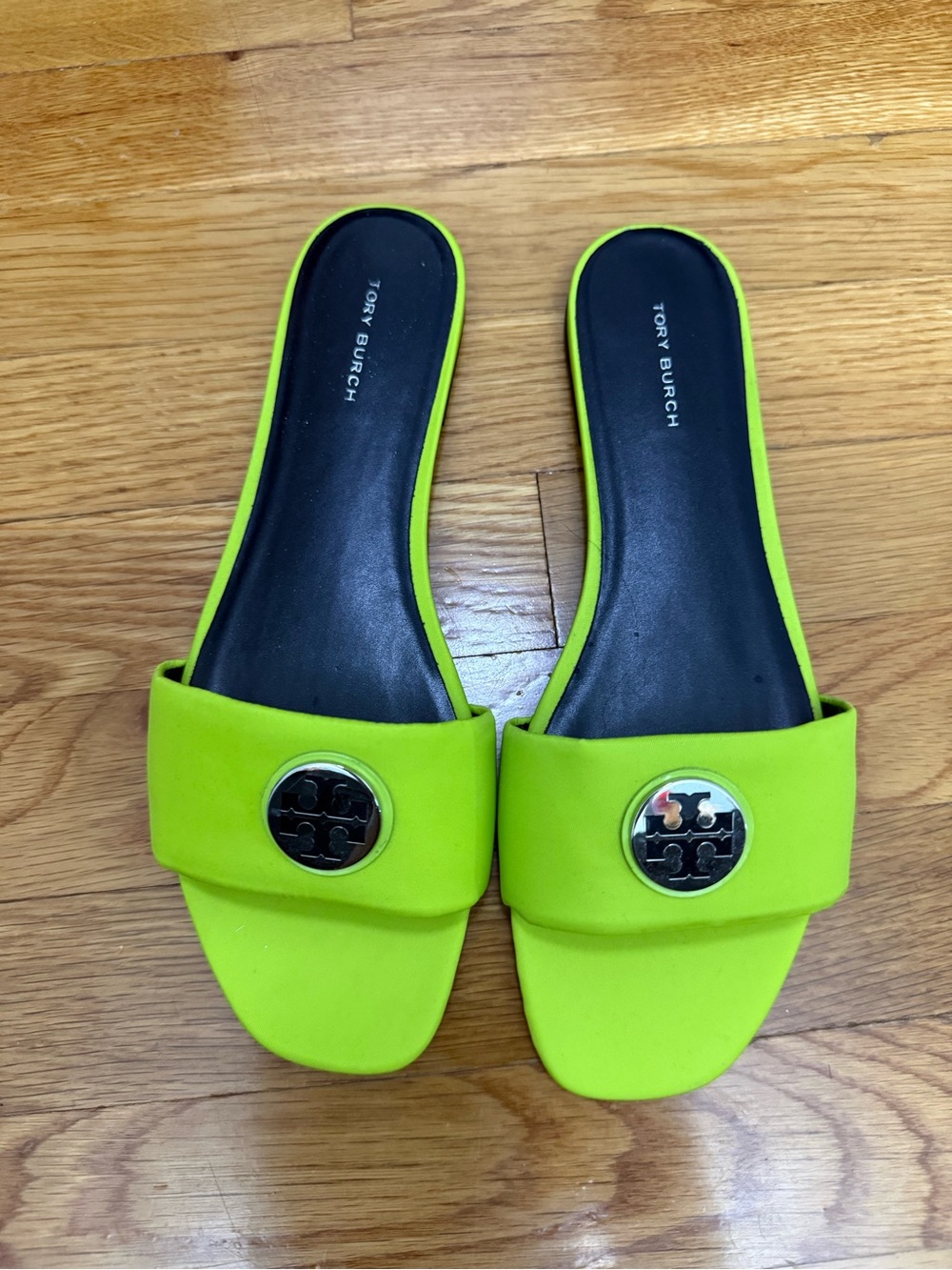 Tory Burch Neon Lime Slide Sandals with Logo Medallion